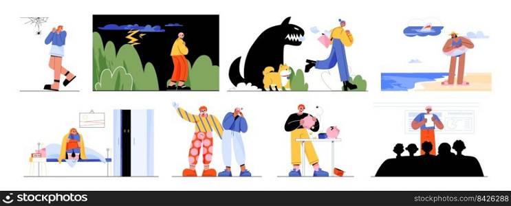 People with different phobias, fear of dogs, lightning, spiders and clowns. Characters afraid of darkness at night, sharks in sea, poverty and public speech, vector flat illustration. People with different phobias, fear of dogs, storm