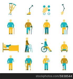 People With Disabilities Icons Set. People with disabilities icons set including amputation wheelchair and eyesight problems symbols flat isolated vector illustration