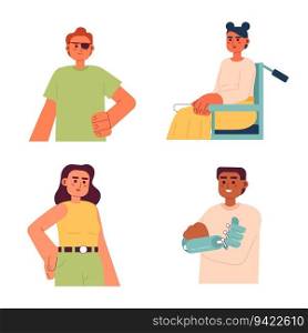 People with disabilities semi flat color vector characters pack. Editable half body strong people on white. Simple cartoon spot illustration for web graphic design. People with disability semi flat color vector characters pack