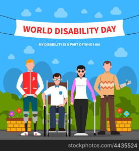People With Disabilities Support Flat Poster . World disability day for solidarity and support flat poster design with handicapped people abstract vector illustration