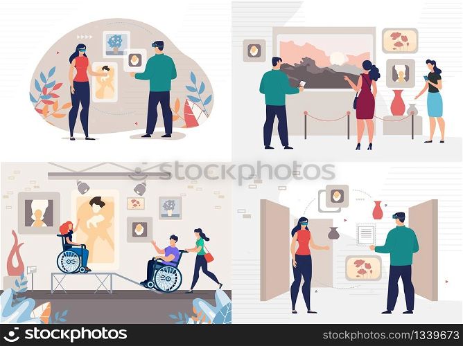 People with Disabilities Visiting Art Museum, Man and Woman in VR Glasses Studying Art Showpieces, Looking on Drawings, Historical Artifacts in Virtual Reality Trendy Flat Vector Illustration Set