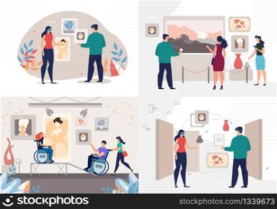 People with Disabilities Visiting Art Museum, Man and Woman in VR Glasses Studying Art Showpieces, Looking on Drawings, Historical Artifacts in Virtual Reality Trendy Flat Vector Illustration Set