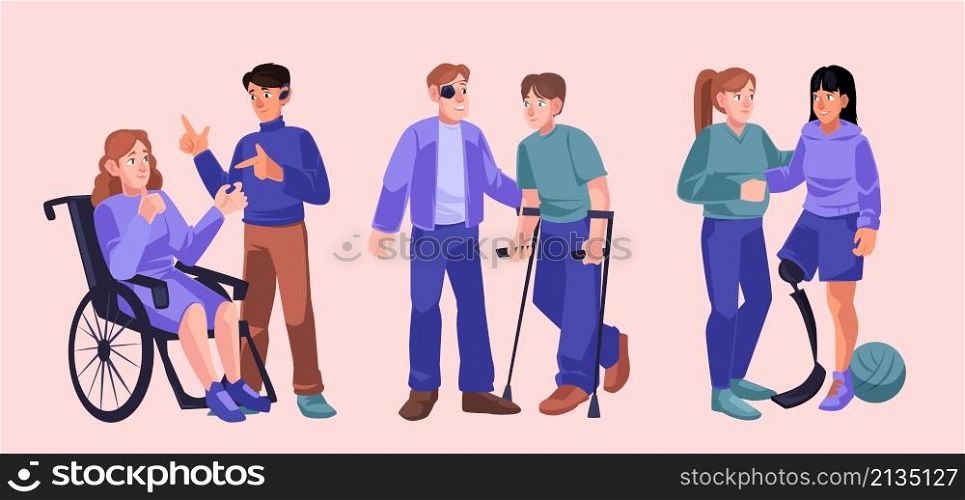 People with diverse disabilities, physical incapacities. Vector set of flat illustrations with men and women in wheelchair, with crutch, leg prosthesis, hearing aid and bandage on eye. People with diverse physical disabilities