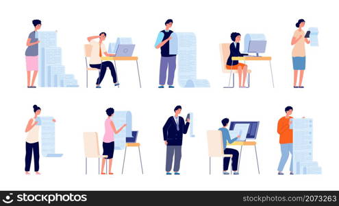 People with documents. Cartoon manager, checklist file or paper pay form. Fill work document or application, person hold sheets vector set. Illustration checklist paper, business person with documents. People with documents. Cartoon manager, checklist file or paper pay form. Fill work document or application, person hold sheets utter vector set
