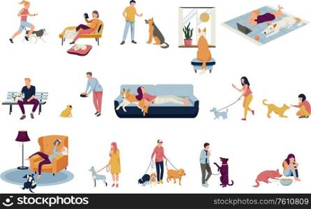 People with dogs collection of flat isolated icons with human characters and pets on blank background vector illustration. People Dogs Flat Icons
