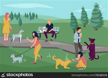 People with dogs flat composition with park outdoor landscape with trees and people walking their dogs vector illustration. People Dogs Outdoor Composition