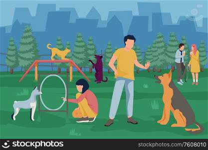 People with dogs flat composition with silhouette cityscape and outdoor playground for dogs with their masters vector illustration. Dogs Playground Flat Composition
