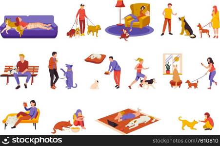 People with dogs flat recolor set of isolated icons of pets and characters on blank background vector illustration. People With Dogs Set
