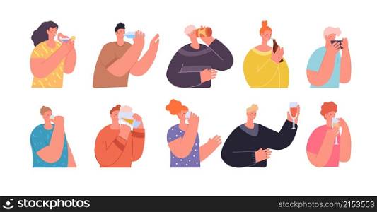 People with drinks. Teens drink, friends holding juice water or wine. Person drinking beverages, isolated party lifestyle utter vector characters. Illustration character girl and boy drink juice. People with drinks. Teens drink, friends holding juice water or wine. Person drinking beverages, isolated party lifestyle utter vector characters