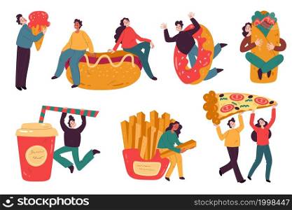 People with fast food. Funny happy characters holding hot dog and donut. French fries and big pizzas piece. Man eating ice cream. Woman hugging big burrito. Vector unhealthy street meal and drinks set. People with fast food. Happy characters holding hot dog and donut. French fries and big pizzas piece. Man eating ice cream. Woman hugging big burrito. Vector street meal and drinks set