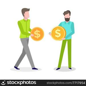 People with financial stability vector, human holding coin dollar currency of united states of america, stable profit gaining businessman investors. Business Idea of People, Males with Money Coin
