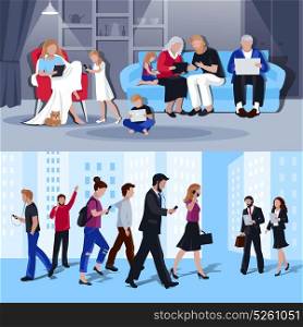 People With Gadgets 2 Flat Banners. People with gadgets for work home entertainment shopping and business communication 2 flat banners isolated vector illustration