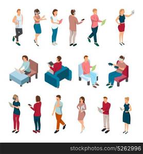 People With Gadgets Collection. Gadgets people isometric set with isolated human characters during various activities involving portable electronic devices laptops vector illustration