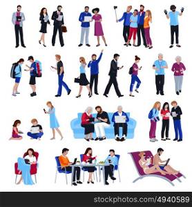 People With Gadgets. Design collection of people looking in gadgets screen in cafe and office on street and beach flat isolated vector illustration