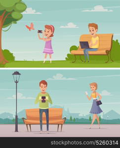 People With Gadgets Outdoor Compositions. Outdoor horizontal compositions with girl photographing butterfly and young men looking at screen of laptop and tablet flat isolated vector illustration