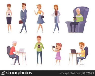 People With Gadgets Set. People with gadgets decorative icons set of people using phone tablet laptop in cafe and home interiors and outdoor flat isolated vector illustration