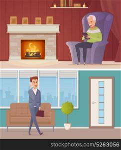 People With Gadgets Two Horizontal Banners . Two horizontal banners with old man in home interior looking in tablet and young man talking on mobile in office flat isolated vector illustration