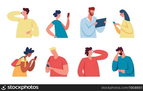 People with gadgets, young characters use mobile phones or tablets. Men and women talking on smartphone, texting, using social media vector set. Students chatting and using networks. People with gadgets, young characters use mobile phones or tablets. Men and women talking on smartphone, texting, using social media vector set
