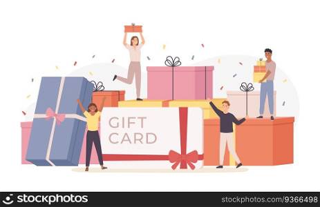People with gift box. Giant gift boxes and group happy tiny men and women, gift card, discount coupon. Landing page template vector concept. Characters celebrating birthday or important event. People with gift box. Giant gift boxes and group happy tiny men and women, gift card, discount coupon. Landing page template vector concept