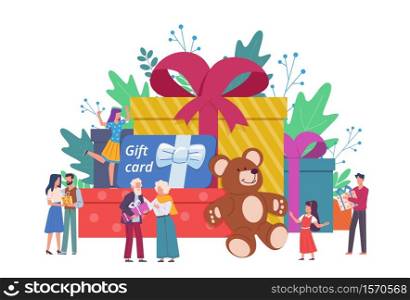 People with gift boxes. Giant box with presents and small people happy men and women, holiday event congratulate and surprise characters, discount coupon and gift certificate vector concept. People with gift boxes. Giant box with presents and small people happy men and women, event congratulate and surprise characters, discount coupon and certificate vector concept