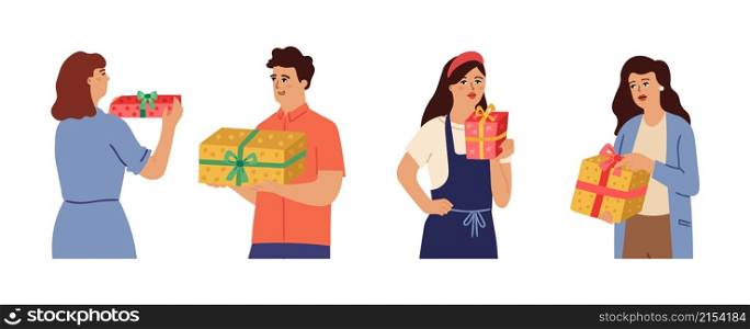 People with gift. Woman man holding boxes, christmas or birthday characters. Isolated adults with presents vector set. Illustration of christmas gift, character present and give. People with gift. Woman man holding boxes, christmas or birthday characters. Isolated adults with presents vector set