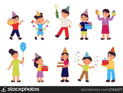 People with gifts. Birthday party, happy celebrating women and man. Cartoon funny kids, festive confetti and food. Festival decent vector characters. Illustration of birthday party with gifts. People with gifts. Birthday party, happy celebrating women and man. Cartoon funny kids, festive confetti and food. Festival decent vector characters