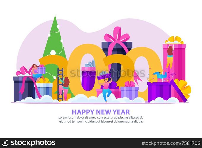 People with gifts flat background with editable text and composition of people presents in festive boxes vector illustration