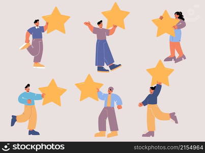 People with gold stars rate service quality, give feedback to app or product. Vector cartoon set of happy characters holding golden stars. Concept of customer satisfaction, good rating, best result. People with gold stars rate service quality