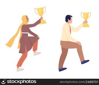 People with golden trophy prize semi flat color vector character set. Climbing figures. Full body people on white. Simple cartoon style illustration collection for web graphic design and animation. People with golden trophy prize semi flat color vector character set
