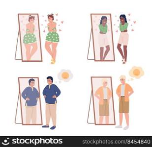 People with good self esteem semi flat color vector characters set. Editable figure. Full body people on white. Self love simple cartoon style illustration for web graphic design and animation pack. People with good self esteem semi flat color vector characters set
