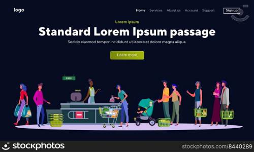 People with groceries in line to cashier. Supermarket, food, basket flat vector illustration. Shopping and consumerism concept for banner, website design or landing web page
