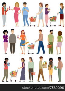 People with grocery baskets and trolleys on a white background. Vector flat illustration