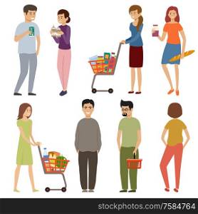 People with grocery baskets and trolleys on a white background. Vector illustration