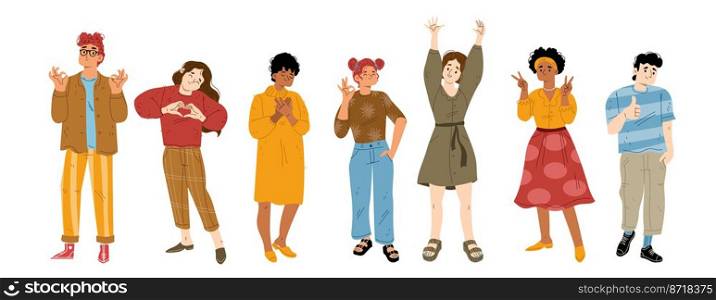 People with hand gestures, thumb up, ok, victory, heart and raise arms. Diverse happy characters show symbols of okay, like and love with hands, vector flat illustration. People with hand gestures, thumb up, ok, victory