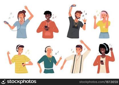 People with headphones. Happy teenagers listen earphones music and dance, boys and girls in modern casual wears use smartphones players, waist-length trim. Vector flat cartoon isolated on white set. People with headphones. Happy teenagers listen earphones music and dance, boys and girls in modern casual wears use smartphones players. Vector flat cartoon isolated on white set