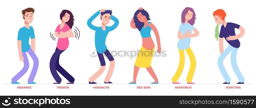 People with heat stroke symptoms vector characters. Illustration of people with symptoms weaknes and tremor, red skin and vomiting. People with heat stroke symptoms vector characters