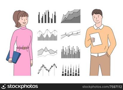 People with infocharts and infographics vector, man and woman holding papers and reports checking results with board, monochrome charts stats flat style. Analytics and Statistics, Data Visual Form Vector