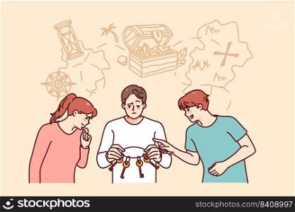 People with keys try to find treasure. Men and women looking for business solution, brainstorm together. Teamwork concept. Vector illustration.. People with keys looking for solution