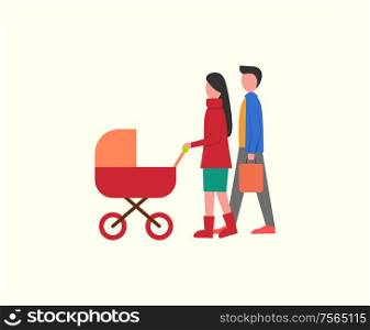 People with kid in pram, family walking together vector. Newborn kid in perambulator, father and mother parenting care of child. Married couple stroll. People with Kid in Pram, Family Walking Together
