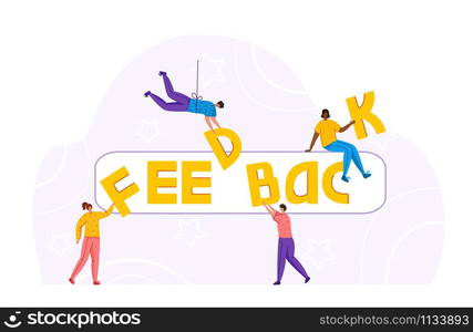 People with laptop and letters - Client feedback or review concept, online service evaluation, young women and giant word feedback, flat tiny people and huge objects, trendy characters, Vector banner. customer feedback concept - vector