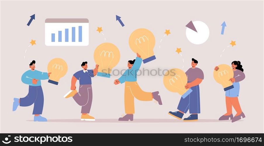 People with light bulb work together, have brainstorm, share creative ideas. Concept of teamwork for search success business solution. Vector flat illustration with group of characters. People with light bulb have brainstorm