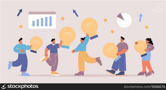 People with light bulb work together, have brainstorm, share creative ideas. Concept of teamwork for search success business solution. Vector flat illustration with group of characters. People with light bulb have brainstorm