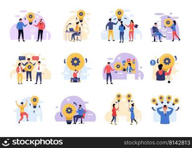 People with light bulbs. Creative business idea and finding solution process, team group working together on innovation. Vector isolated set. Office workers with creative thinking, start up concept. People with light bulbs. Creative business idea and finding solution process, team group working together on innovation. Vector isolated set