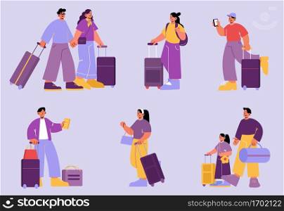 People with luggage, tourists travel with bags. Set of male and female characters traveling. Family couple, parent with kid, happy men and women walk with baggage, Line art flat vector illustration. People with luggage, tourists travel with bags