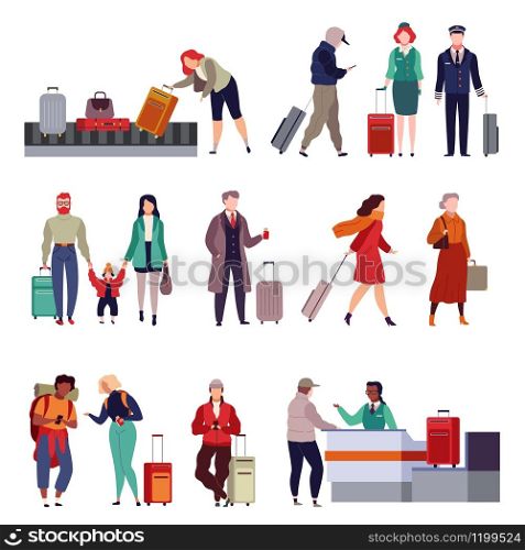 People with luggage. Travelling couple holding child and person together with suitcase in passport control, tourist and traveler isolated vector set. People with luggage. Travelling couple holding child and person together with suitcase, tourist and traveler isolated vector set