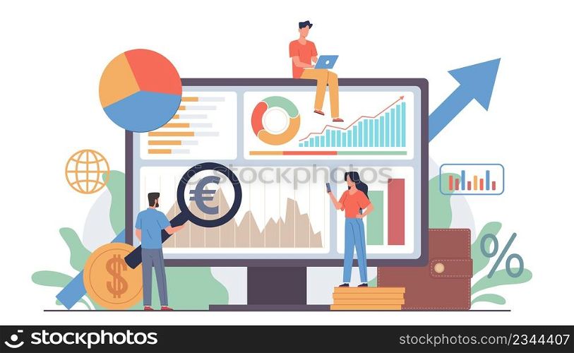People with magnifying glass. Business persons group in work process, man holds big loupe, graphs on monitor, exchange rates, search and analysis information vector cartoon flat style isolated concept. People with magnifying glass. Business persons group in work process, man holds big loupe, graphs on monitor, exchange rates, search and analysis information vector cartoon flat concept