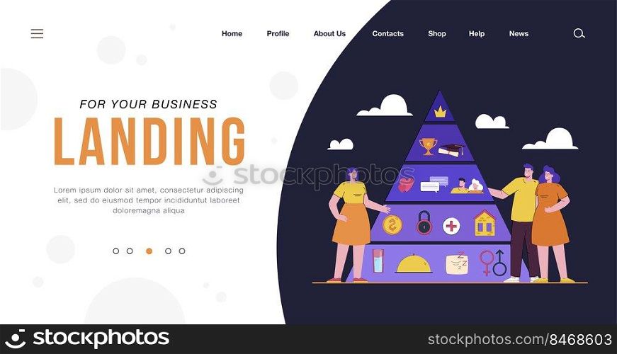 People with Maslow hierarchy. Triangle pyramid, self-actualization, growth, love, wellness and physiological needs flat vector illustration. Basic needs, sociology concept for banner, website design
