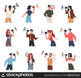 People with megaphone. Men and women characters talking, shouting into loudspeakers in different poses, vociferous event audio announcement. Public relations nowaday vector cartoon flat isolated set. People with megaphone. Men and women characters talking, shouting into loudspeakers in different poses, vociferous event audio announcement. Public relations nowaday vector cartoon flat set