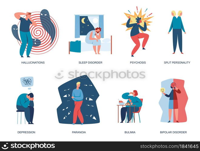 People with mental illnesses, psychological problems or depression. Men and women living with bipolar disorder and insomnia vector set. Characters suffering from bulimia, paranoia and sleep disorder. People with mental illnesses, psychological problems or depression. Men and women living with bipolar disorder and insomnia vector set