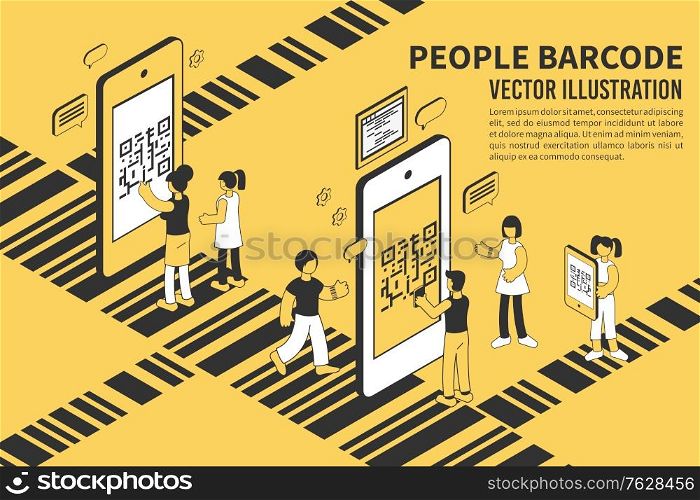People with mobile phones scanning barcode 3d isometric vector illustration